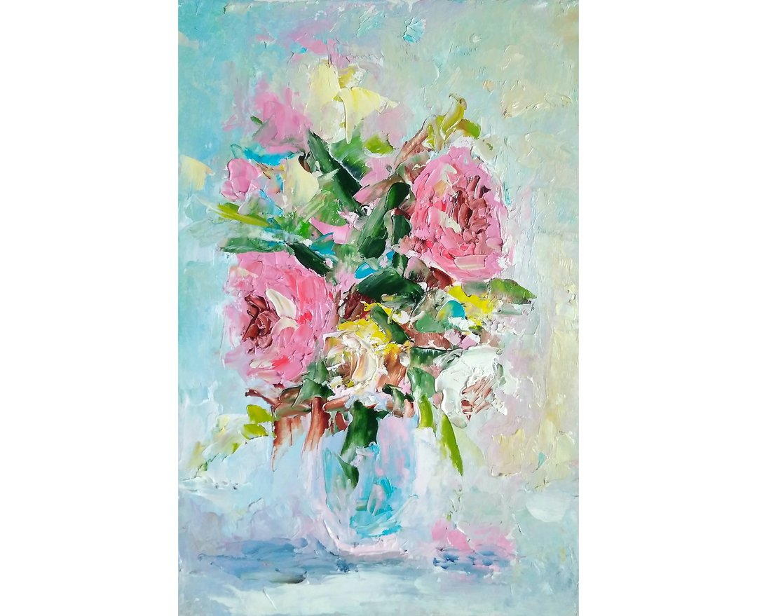 Floral Bouquet Original Painting, Roses Flower Artwork, Small Impasto Wall Art - 海报/装饰画/版画 - 其他材质 多色