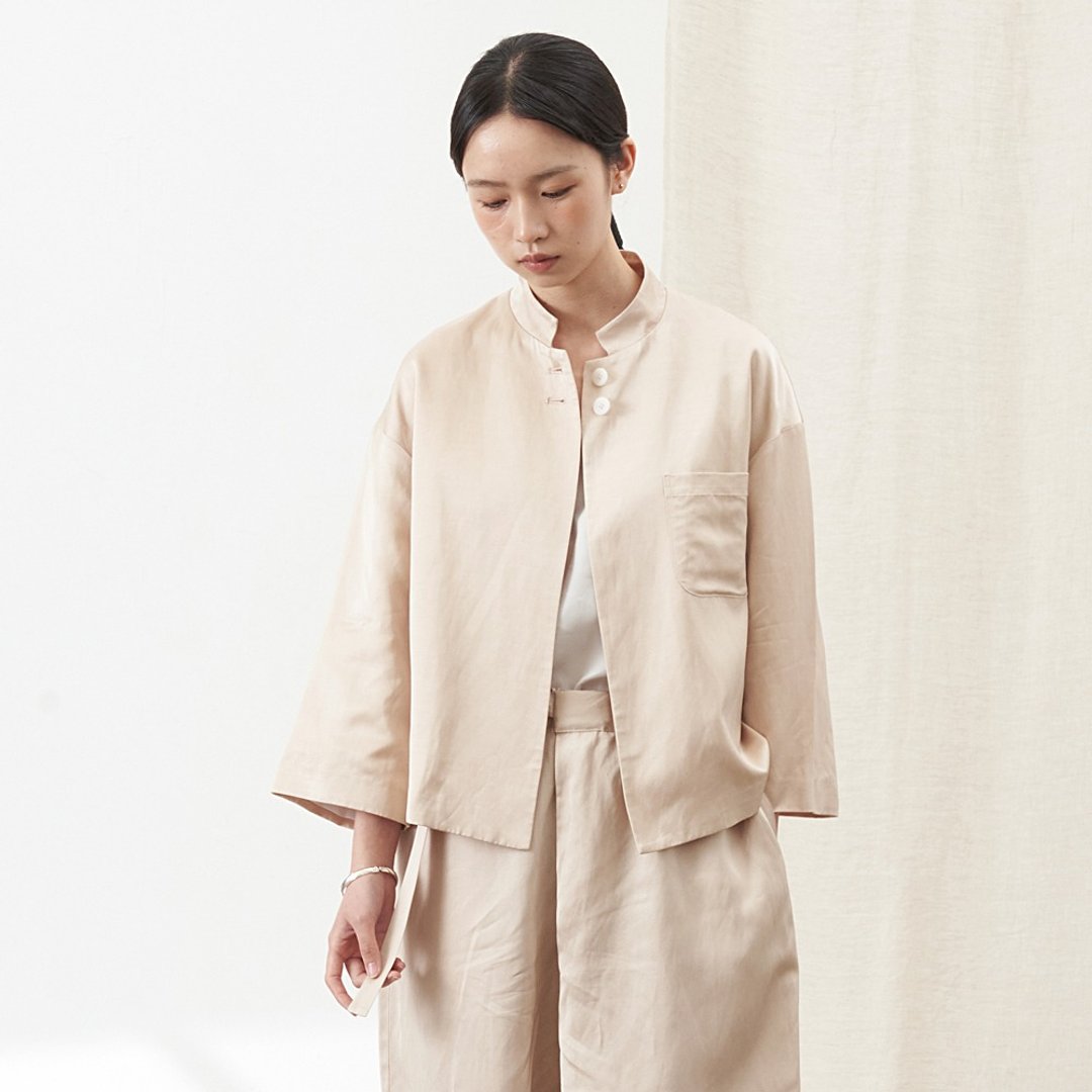 不服原创2023年春夏橘粉色薄款女士短外套中式纯色立领通勤上衣女 - 女装上衣 - 棉．麻 橘色