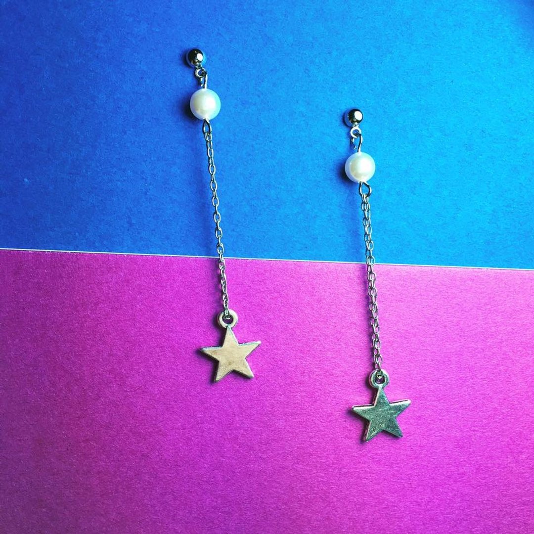 银星◆可改夹式 Earrings / 一对 / 水晶珍珠 合金镀银 耳环 / 礼物定制设计 - 耳环/耳夹 - 其他材质 银色