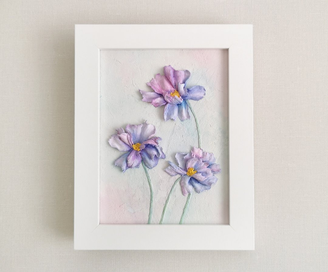 Floral sculpture painting Floral wall decor Purple lilac flowers original art - 墙贴/壁贴 - 其他材质 紫色