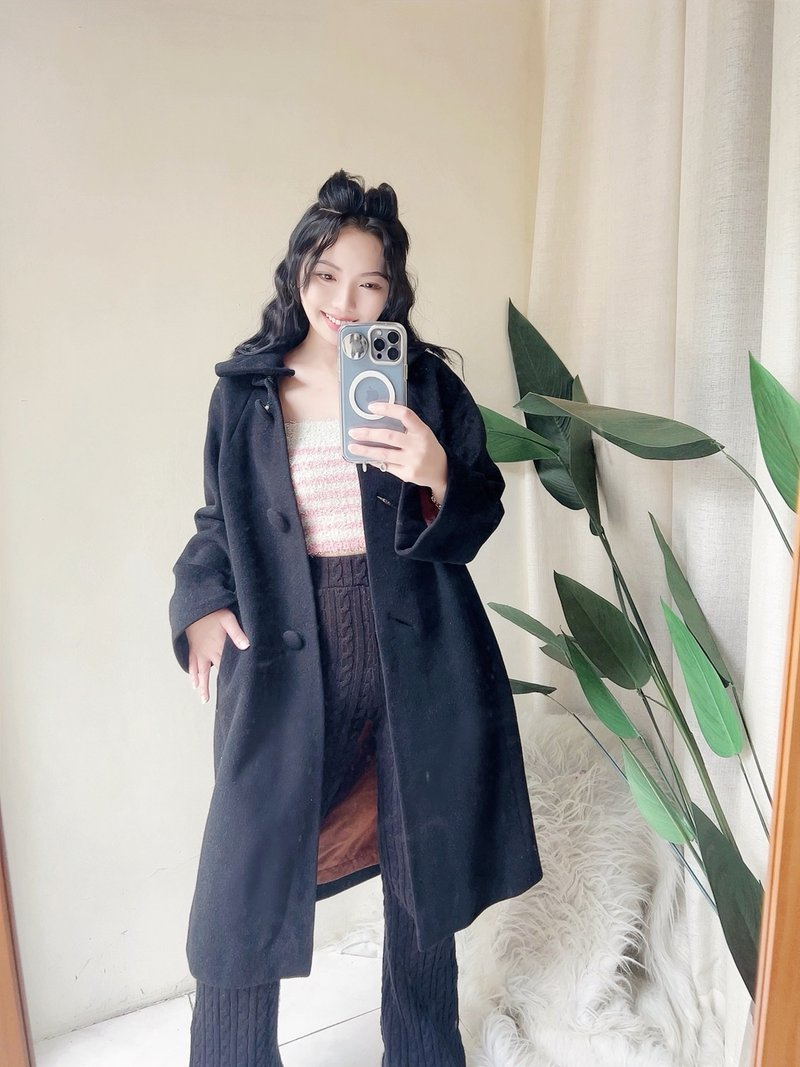 素面墨黑可拆领早期订制服 古董厚磅长版大衣外套dustcoat jacket - 女装休闲/机能外套 - 羊毛 黑色