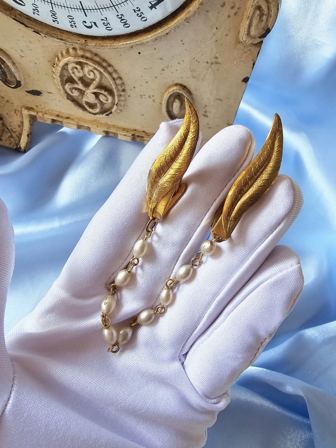 长金叶珍珠链复古衣夹/针织衣夹/美国西洋古董饰品 - 其他 - 其他金属 