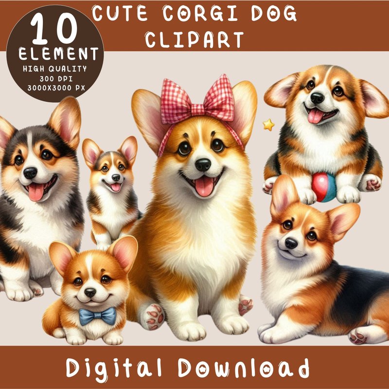 可爱的柯基犬，可爱的动物，剪贴画 - 电子手绘真人画像/绘画/插画 - 其他材质 