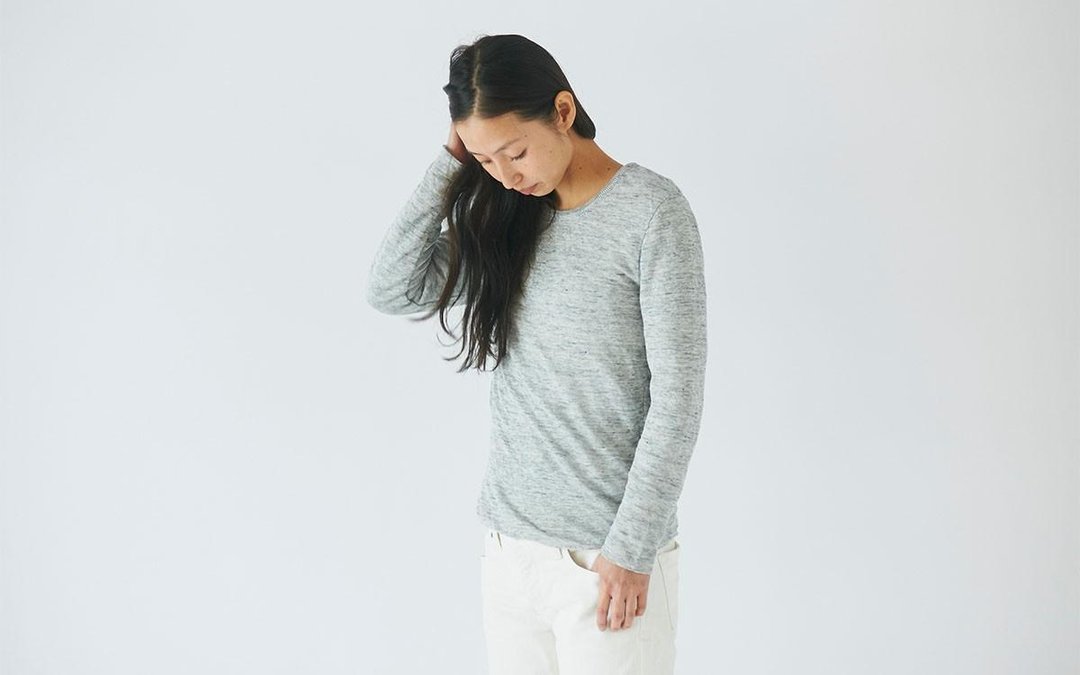 Linen knit women / M long sleeve pullover (gray) - 女装上衣 - 棉 灰色