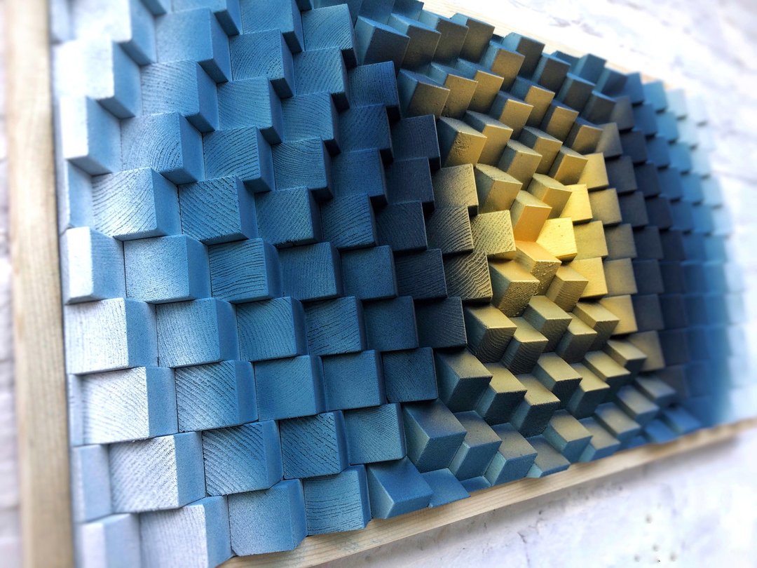 3D Wood Wall Art - Blue Gold Office Decor - Music Room - Acoustic Panel Diffuser - 墙贴/壁贴 - 木头 