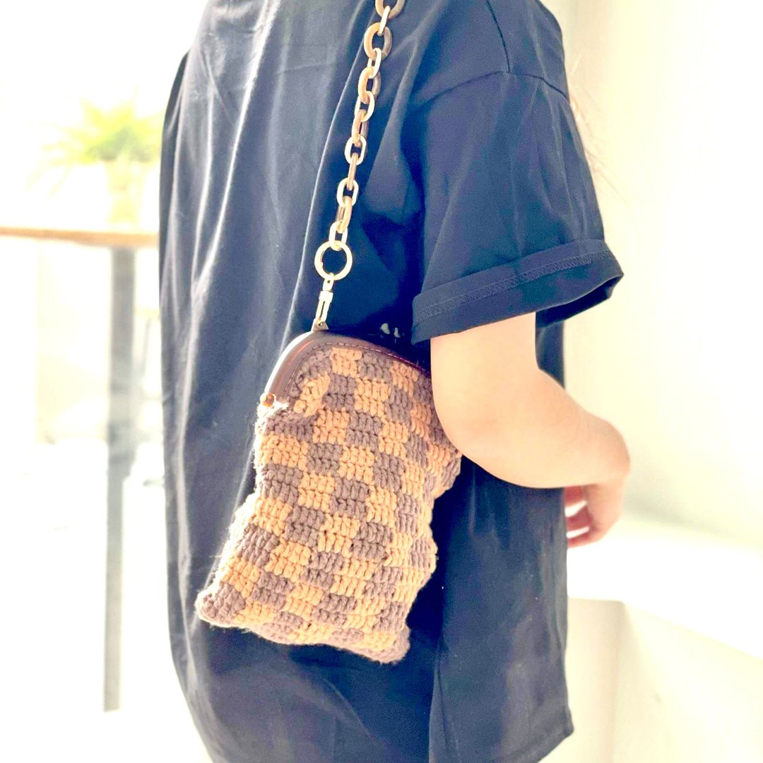 手工钩织棋盘格子口金包【Crochet bag】长款 - 侧背包/斜挎包 - 棉 