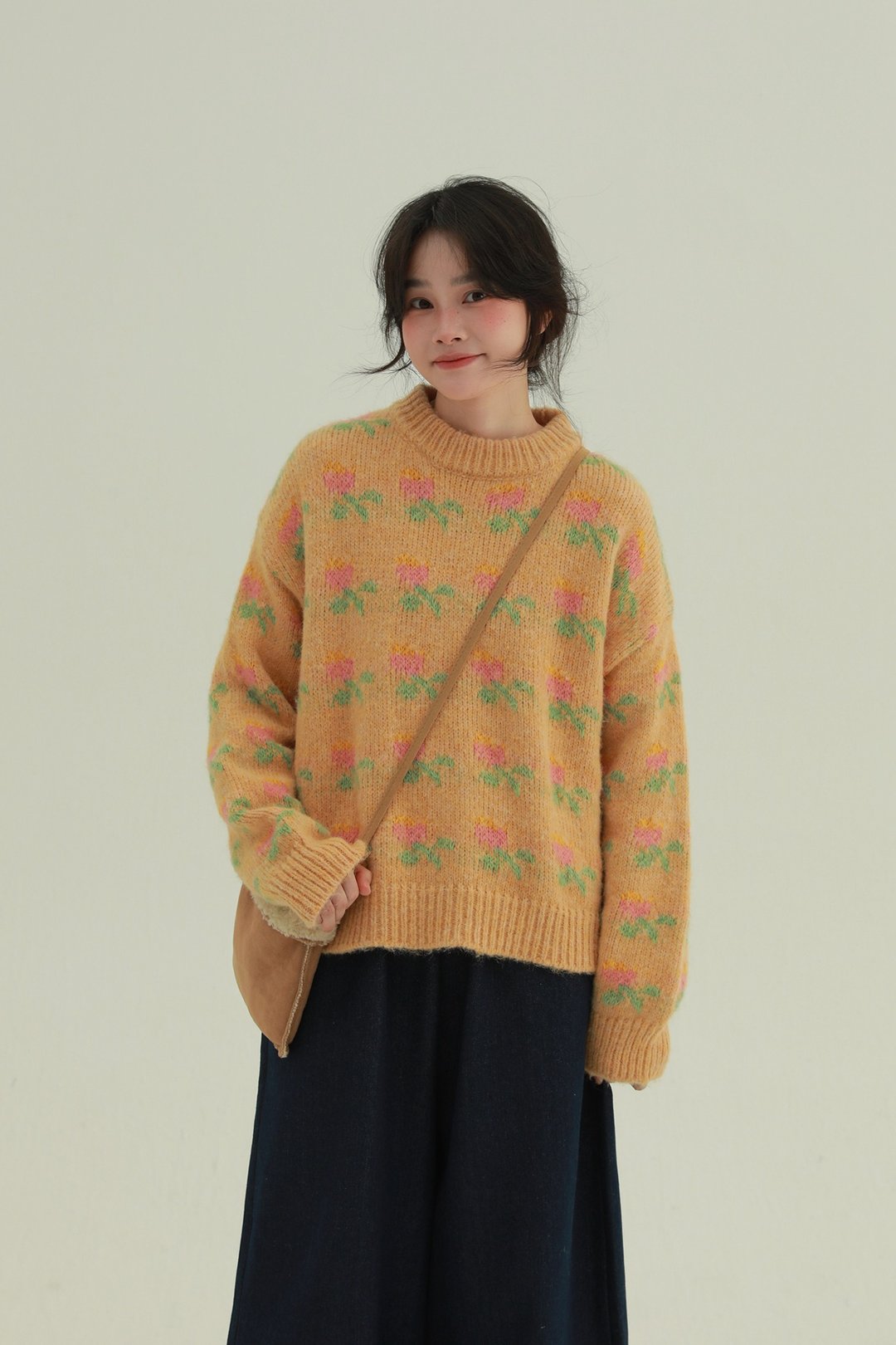 2顔色 小花園 碎花短款毛衣 奶油系復古少女套頭毛衣 軟糯上衣 - 女装针织衫/毛衣 - 羊毛 黄色