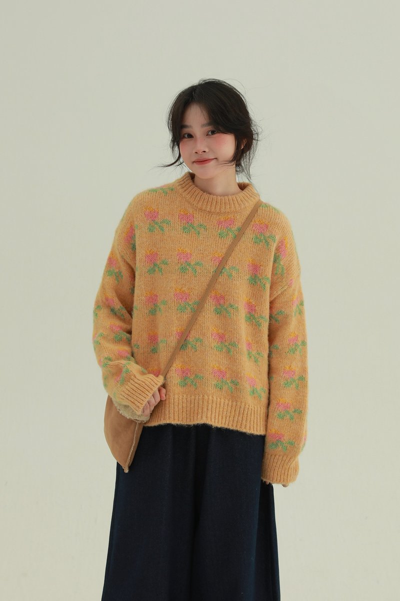 2顔色 小花園 碎花短款毛衣 奶油系復古少女套頭毛衣 軟糯上衣 - 女装针织衫/毛衣 - 羊毛 黄色