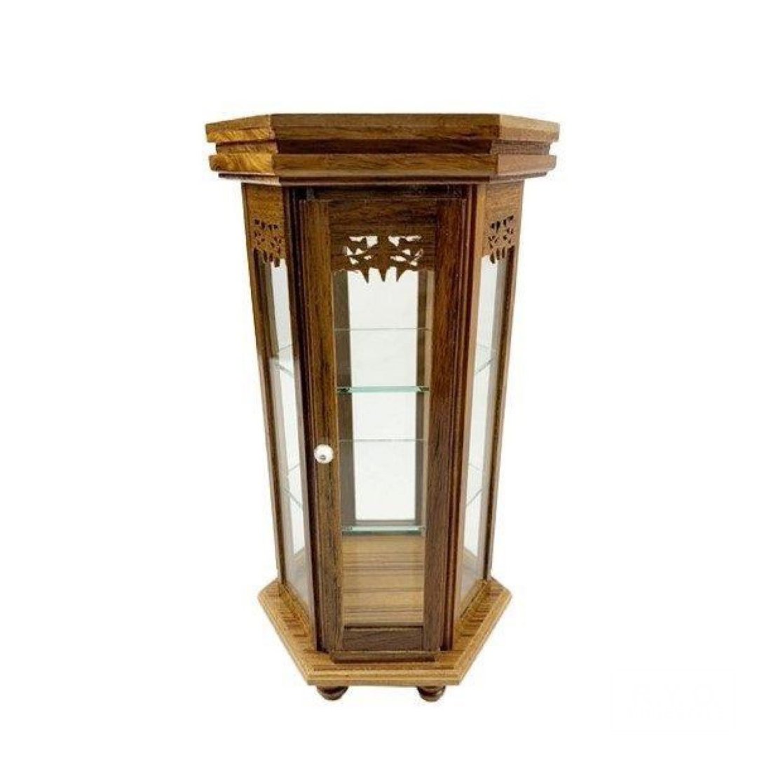 Miniature Showcase Hexagon Round Foot Wooden Glass Case - 收纳用品 - 木头 咖啡色