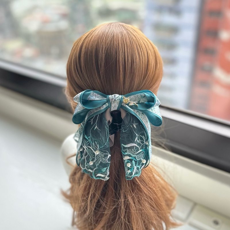 抓夹-独家蕾丝蝴蝶结鲨鱼夹发夹发饰-蓝绿色 - 发饰 - 其他材质 绿色