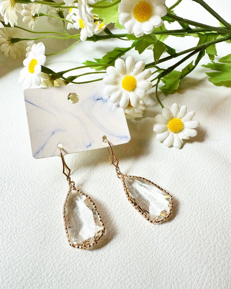 盾形锆石水晶黄铜包边14k耳环_可免费修改夹式耳环 - 耳环/耳夹 - 水晶 透明