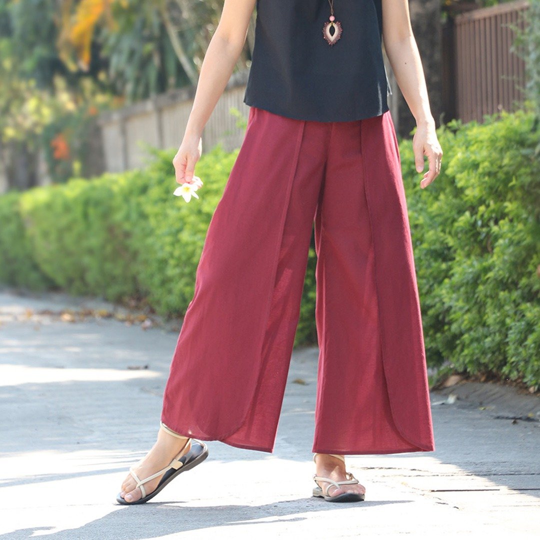 Cotton Pants, Sweet Petals, Red, Burgundy - 女装长裤 - 棉 红色