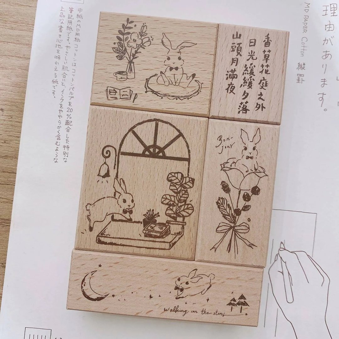 什物x小鹿 香草花庭之外  兔兔限定款印章组 共五入 - 印章/印台 - 木头 卡其色