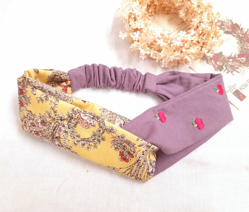 手工刺绣。苹果森林交叉发带/宽发带/手工发带 - 发带/发箍 - 棉．麻 多色