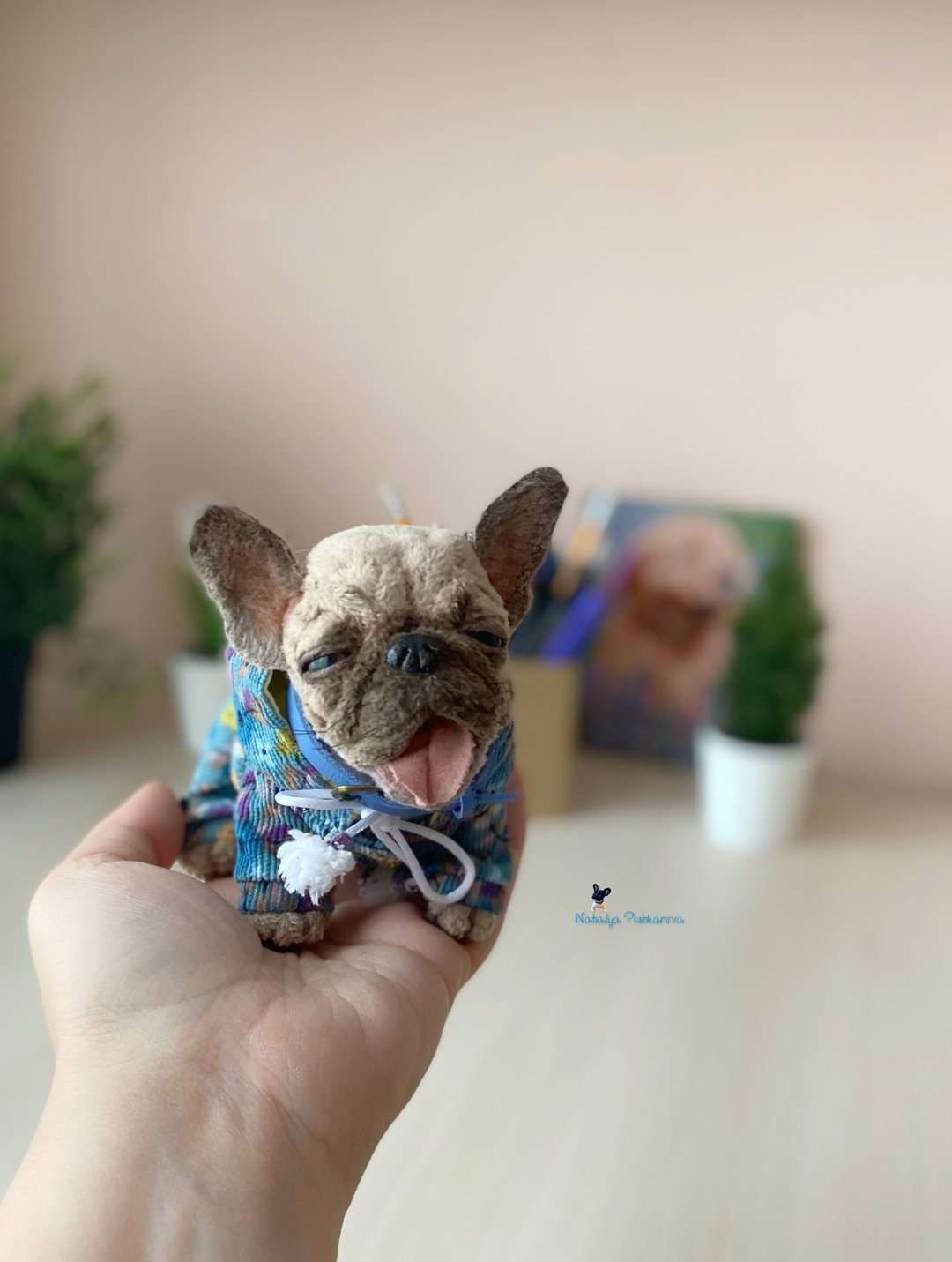 法国斗牛犬毛绒小狗逼真玩具 - 玩偶/公仔 - 聚酯纤维 白色