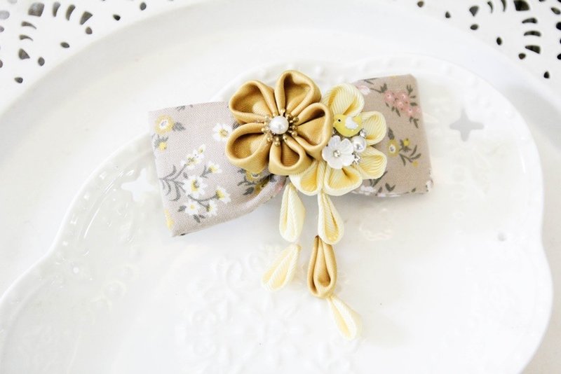 和风手作鹅黄小花蝴蝶结法国夹 - 发饰 - 棉．麻 橘色