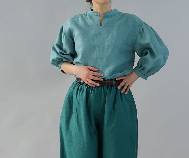 wafu - 亞麻上衣 Midweight Linen 4/5 Lantern Sleeve Top / Robbin Egg t029b-byg2 - 女装衬衫 - 亚麻 蓝色