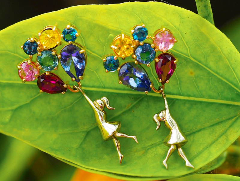 Banksy inspired Girl on balloons earrings with multicolor gemstones. - 耳环/耳夹 - 贵金属 橘色
