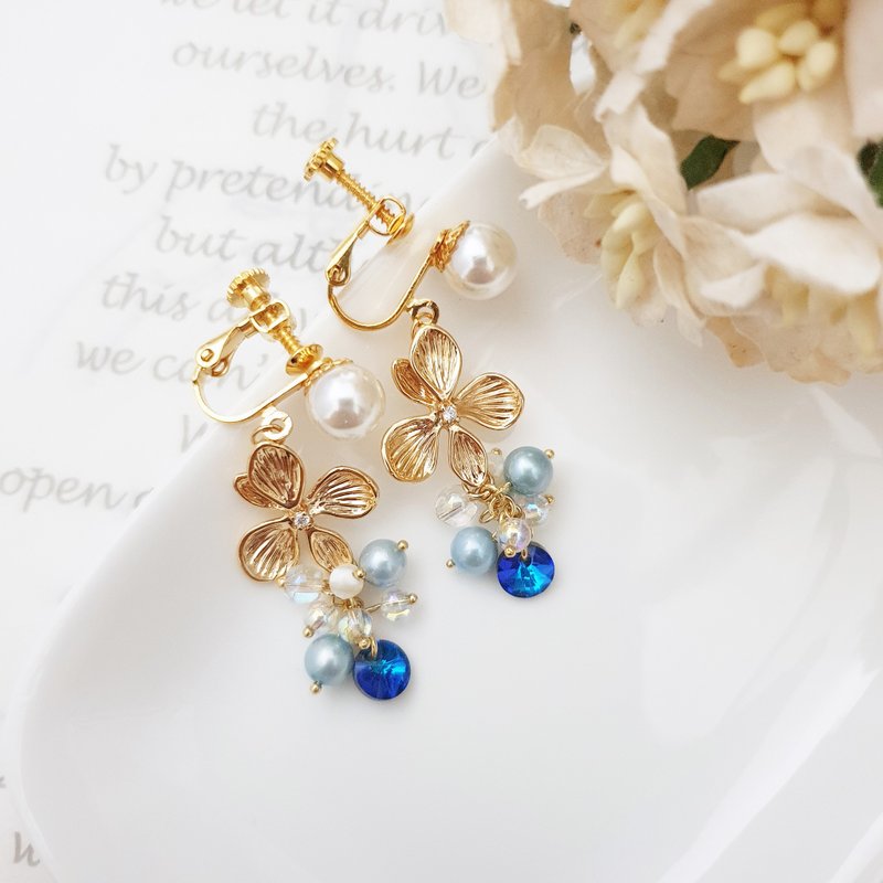 花瑛。螺旋式耳夹  K金耳勾 /// 垂坠式耳环 - 耳环/耳夹 - 珍珠 蓝色