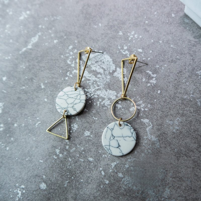 几何 黄铜白松石圆片长耳环  耳针纯银 - 耳环/耳夹 - 铜/黄铜 金色
