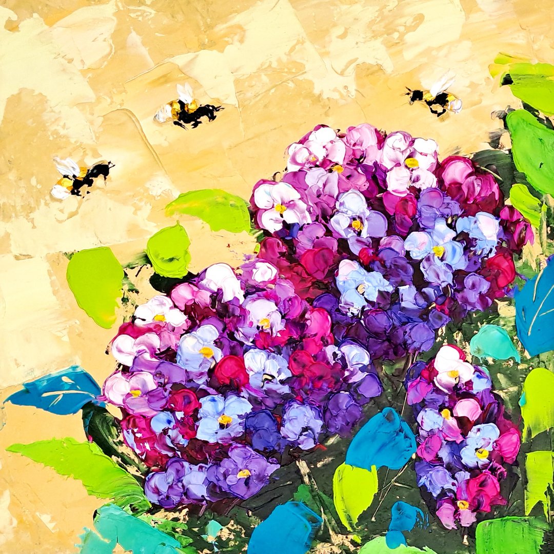 Hydrangea Oil Painting Honeybee Original Art Impasto Painting Flowers Small Art - 海报/装饰画/版画 - 其他材质 多色