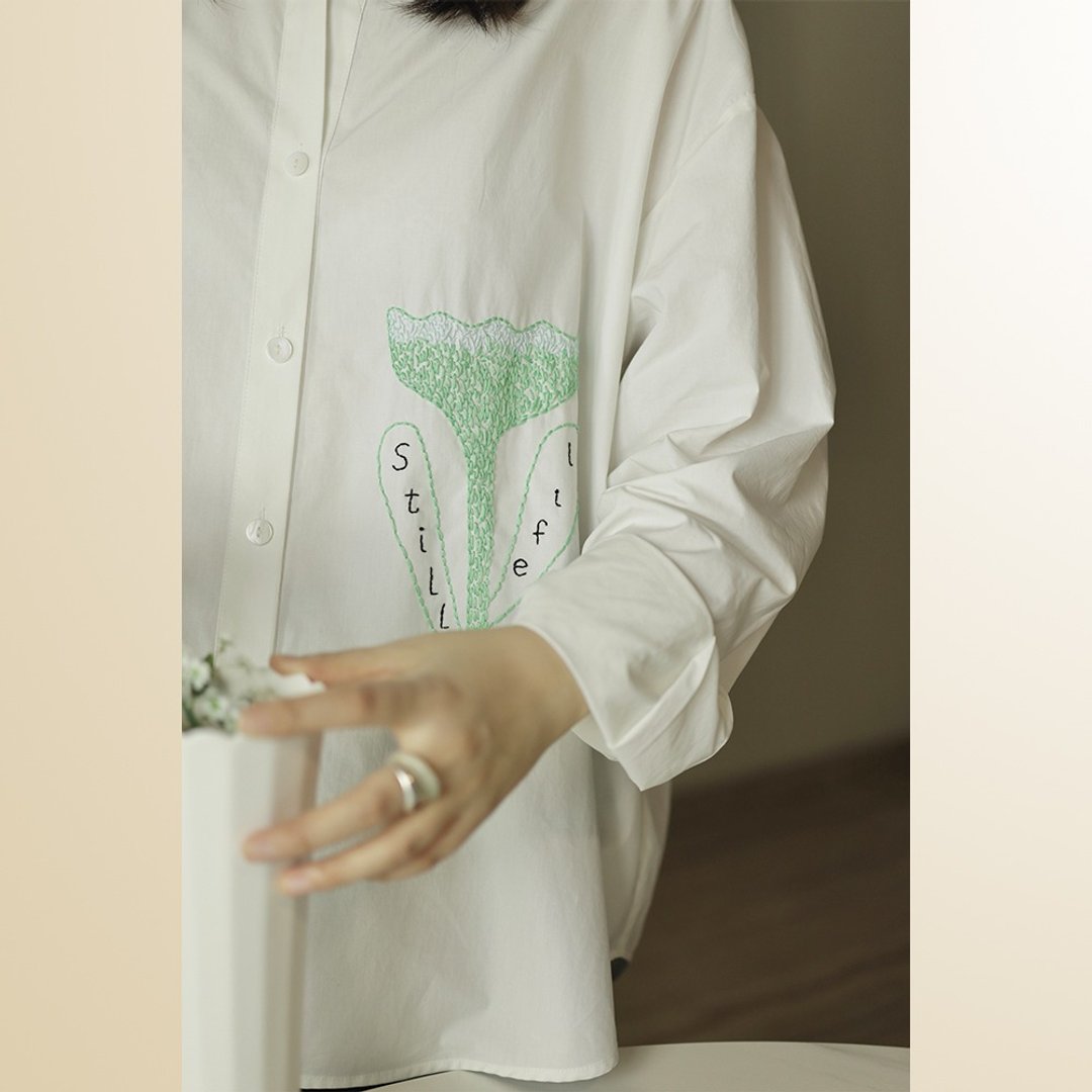 手工刺绣休闲白衬衫 男女同款衬衫 可定制 - 女装衬衫 - 棉 白色