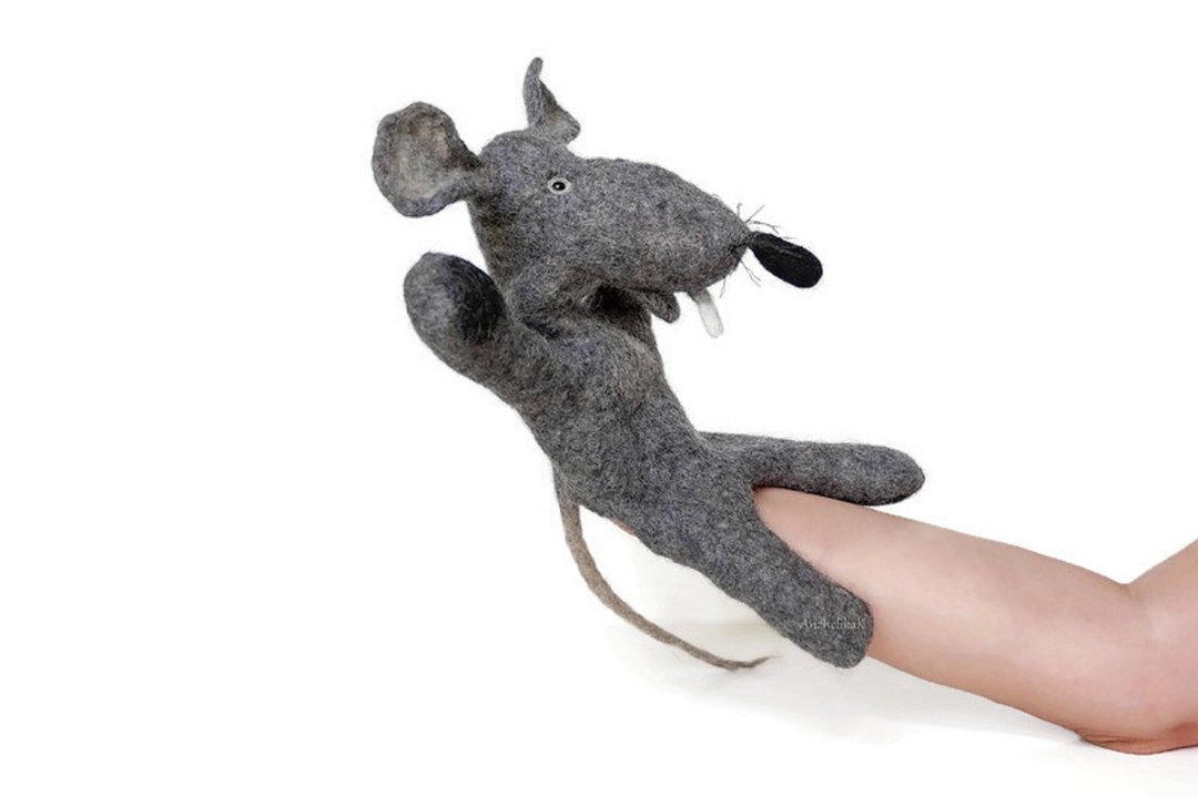 Rat puppet toy made of natural wool for puppet theater, ecological puppet - 玩具/玩偶 - 羊毛 灰色