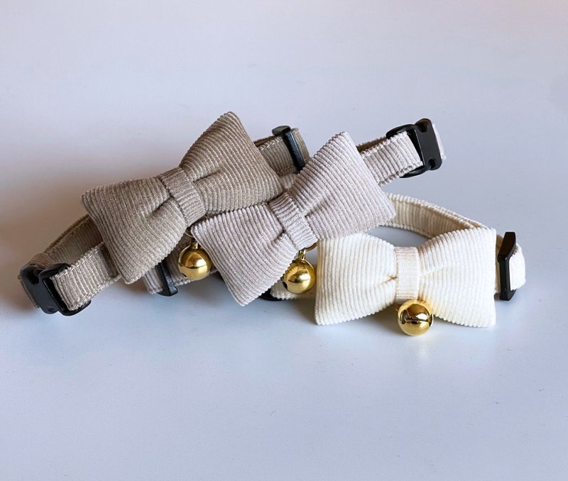 奶油色 x 灯芯绒蝴蝶结领子 - 项圈/牵绳 - 棉．麻 白色