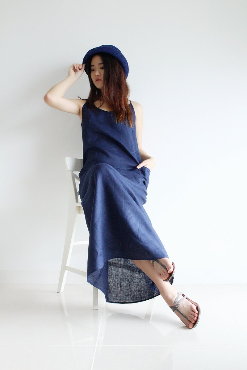 Made to order linen dress / linen clothing / long dress / casual dress E22D - 洋装/连衣裙 - 亚麻 蓝色