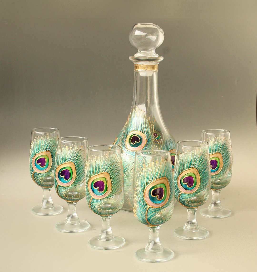 Peacock Feather Set Carafe and 6 Glasses Hand Painted - 酒杯/酒器 - 玻璃 绿色