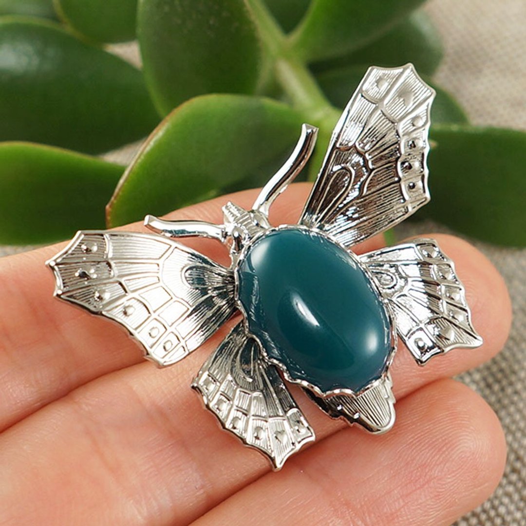 Dark Sea Green Agate Stone Butterfly Insect Boho Jacket Brooch Pin Woman Jewelry - 胸针 - 半宝石 绿色