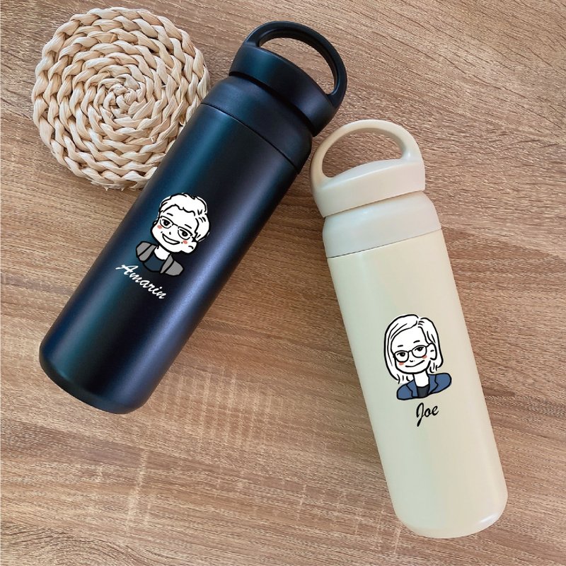 【艾米薇儿 人物简笔似颜绘】日式插画风手提保温杯 500ml - 保温瓶/保温杯 - 不锈钢 
