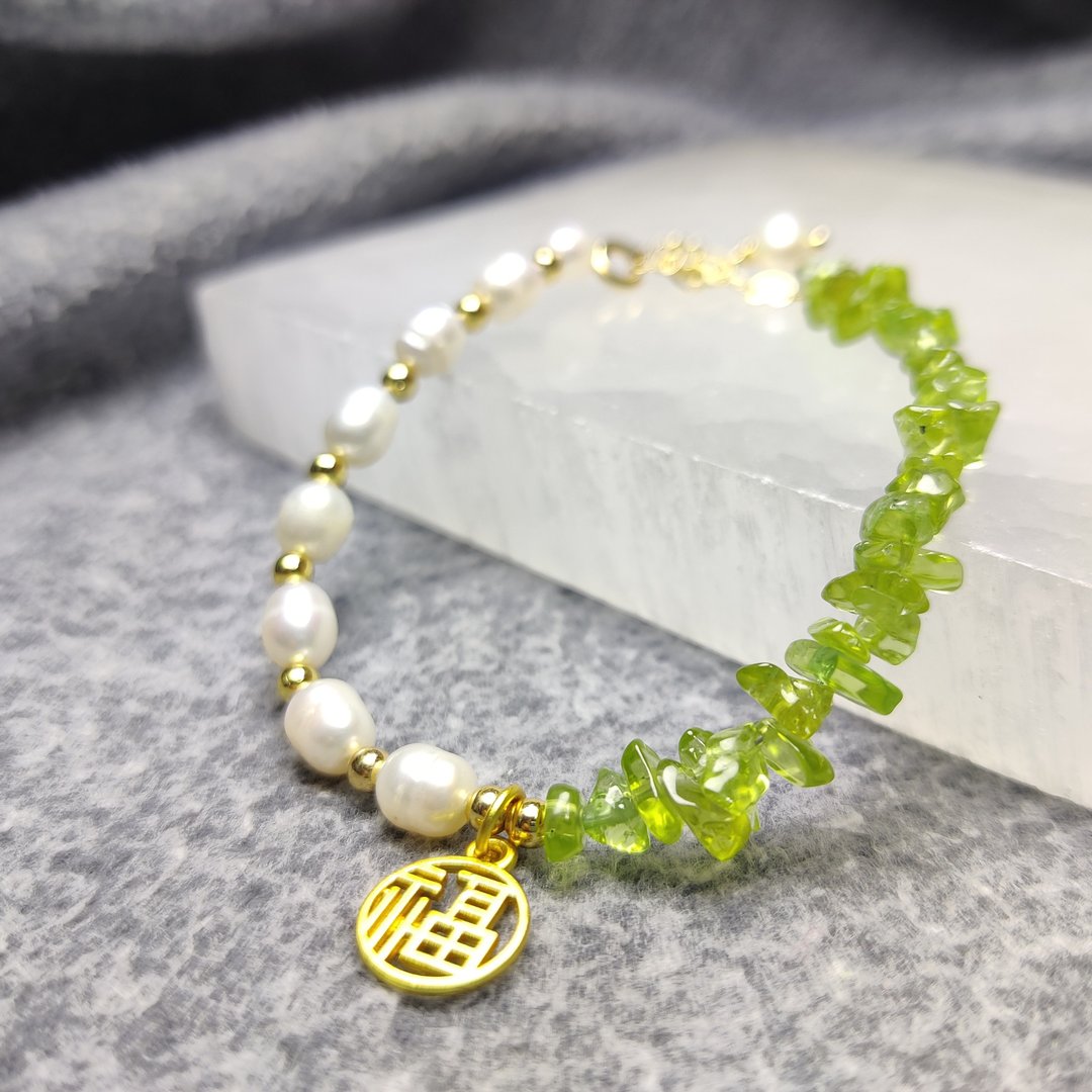 橄榄石 珍珠 Peridot Pearl 缅甸 手串 手链 天然水晶 水晶手链 - 手链/手环 - 珍珠 绿色