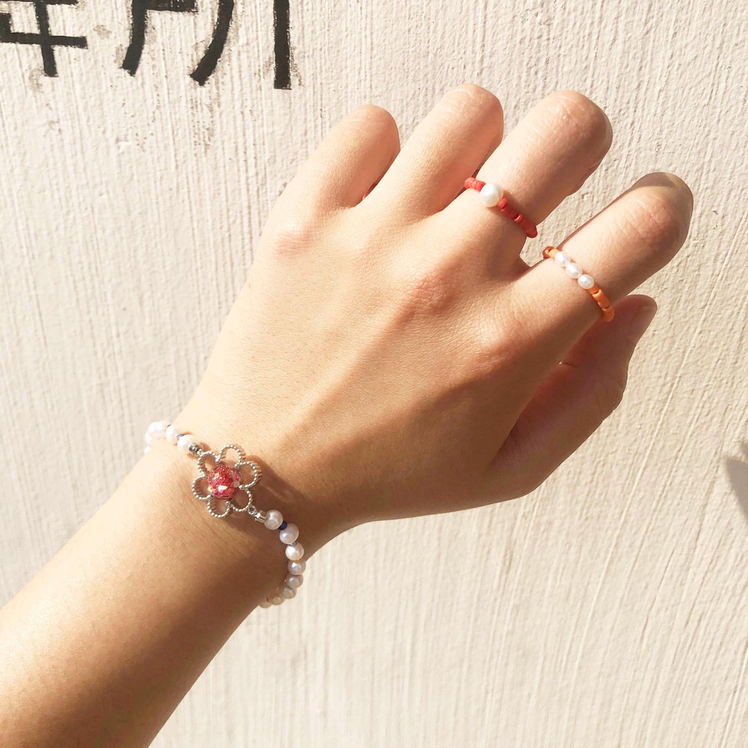 Glass beads & Pearl Bracelet,Ring SET(Red&Orange) - 手链/手环 - 玻璃 橘色