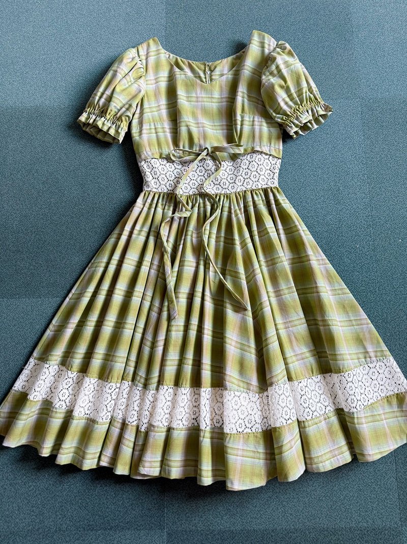 经典50年代风格剪裁 森林绿格纹蕾丝少女圆舞曲 - 洋装/连衣裙 - 棉．麻 