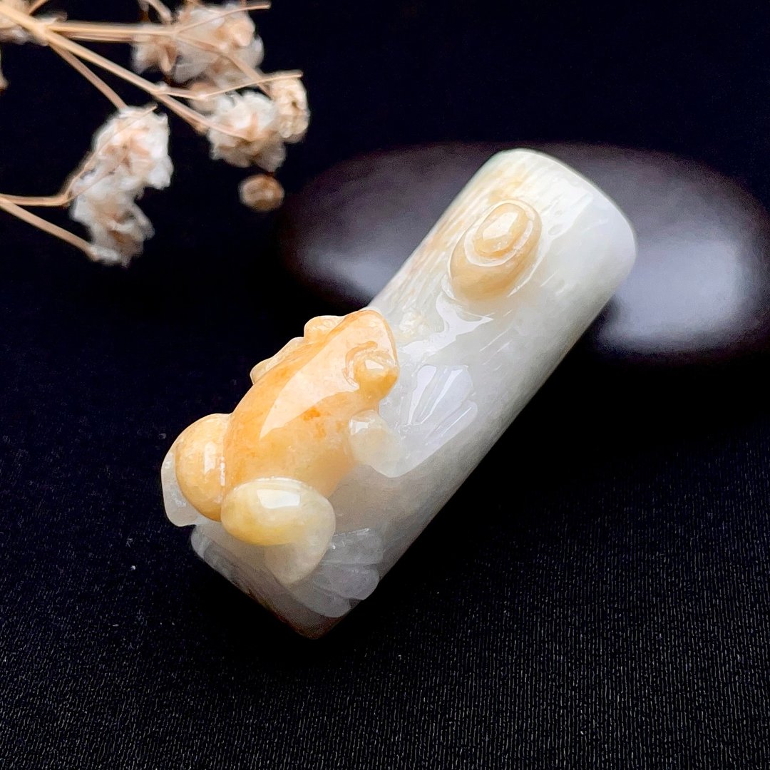 冰糯飘黄翡翠青蛙吊饰 | 天然缅甸玉翡翠A货 | 送礼 - 金工/饰品 - 玉石 黄色