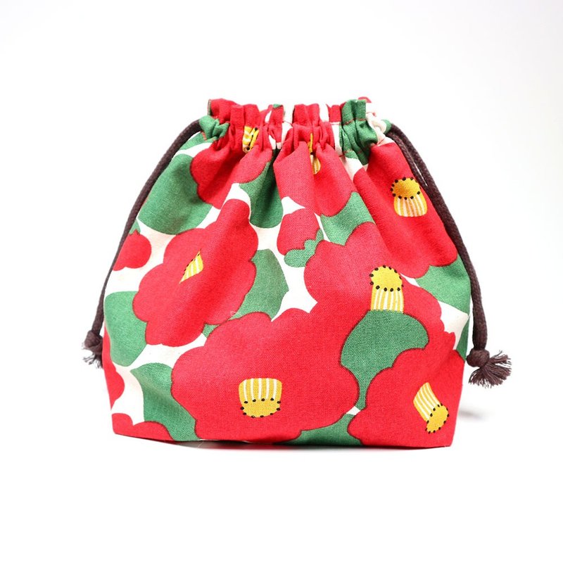 大容量 束口袋 束口包 双面图案 -山茶花 (红) - 化妆包/杂物包 - 棉．麻 红色