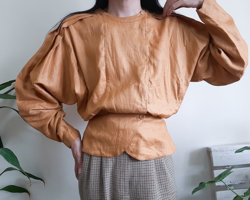 复古棕色 100% 亚麻衬衫泡泡袖蝙蝠袖荷叶边衬衫 S 码 - 女装上衣 - 棉．麻 咖啡色