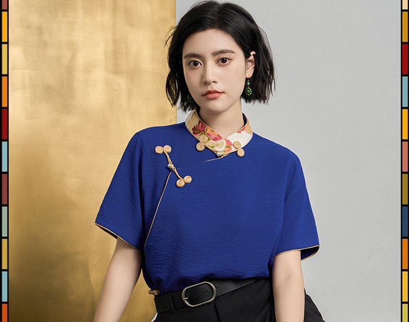 克莱因蓝 新中式复古藏服 华丽织锦立领短袖上衣 - 女装上衣 - 其他材质 蓝色