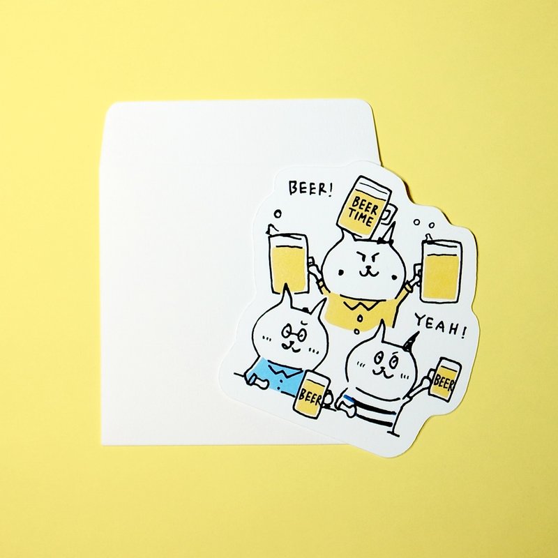 Third cat die-cut card 【BEER PARTY】 2 pieces - 卡片/明信片 - 纸 白色