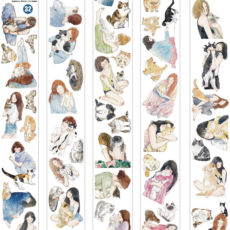 小寶貝 貓與女孩 PET 割型貼紙卷 和紙膠帶 10米卷 (kiss-cut) - 纸胶带 - 其他材质 多色