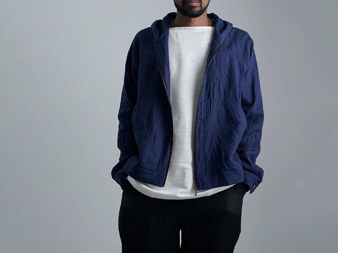 wafu premium linen Unisex Hoodie / Bleu Nuit h046h-bln2 - 中性连帽卫衣/T 恤 - 亚麻 蓝色