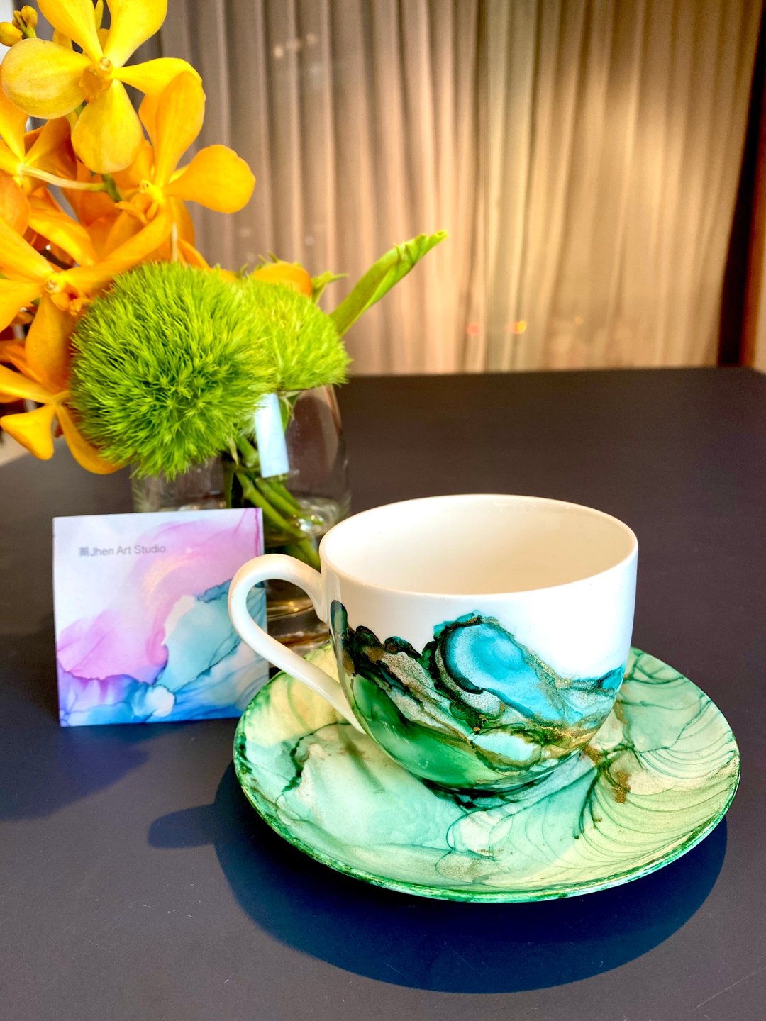 【定制】咖啡杯组/酒精墨水/手工绘制/选色订制服务 - 其他杯子 - 瓷 绿色