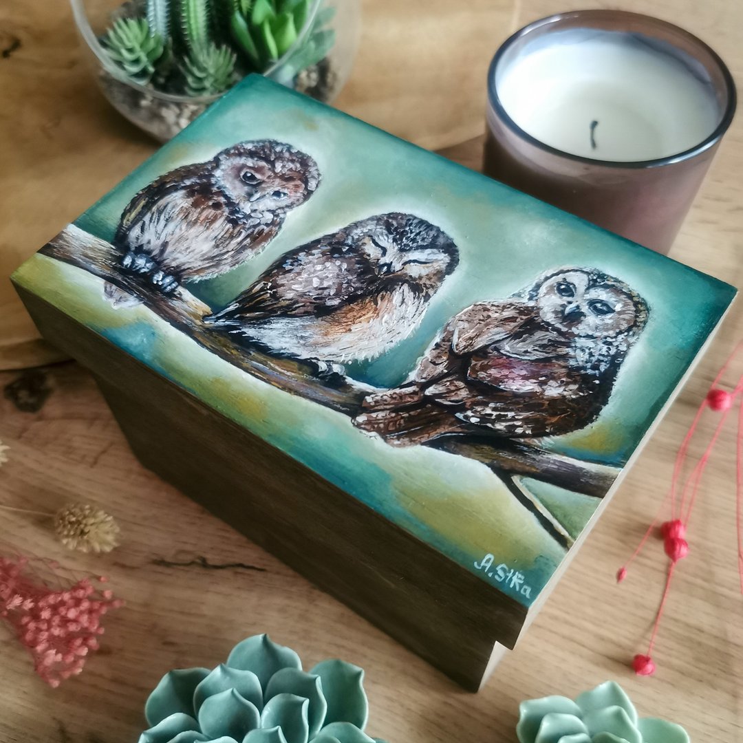 手绘木箱猫头鹰 储物木箱 森林艺术 动物画 - 收纳用品 - 木头 多色
