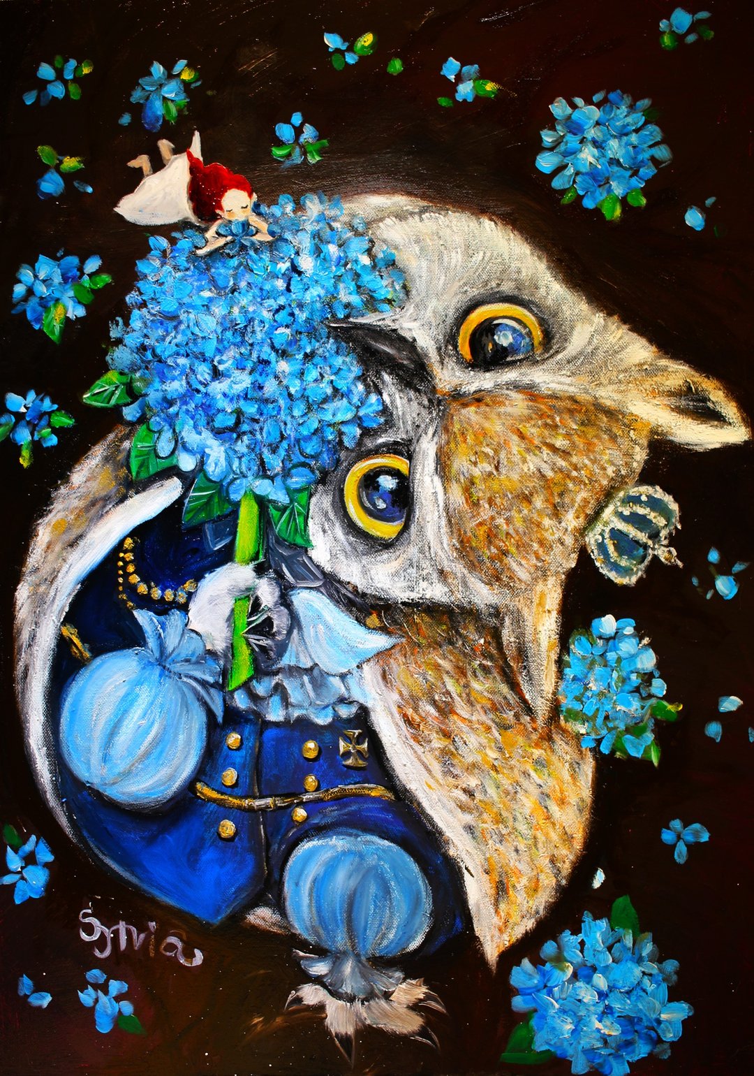 油画--吃花的猫头鹰爵士 - 海报/装饰画/版画 - 棉 粉红色