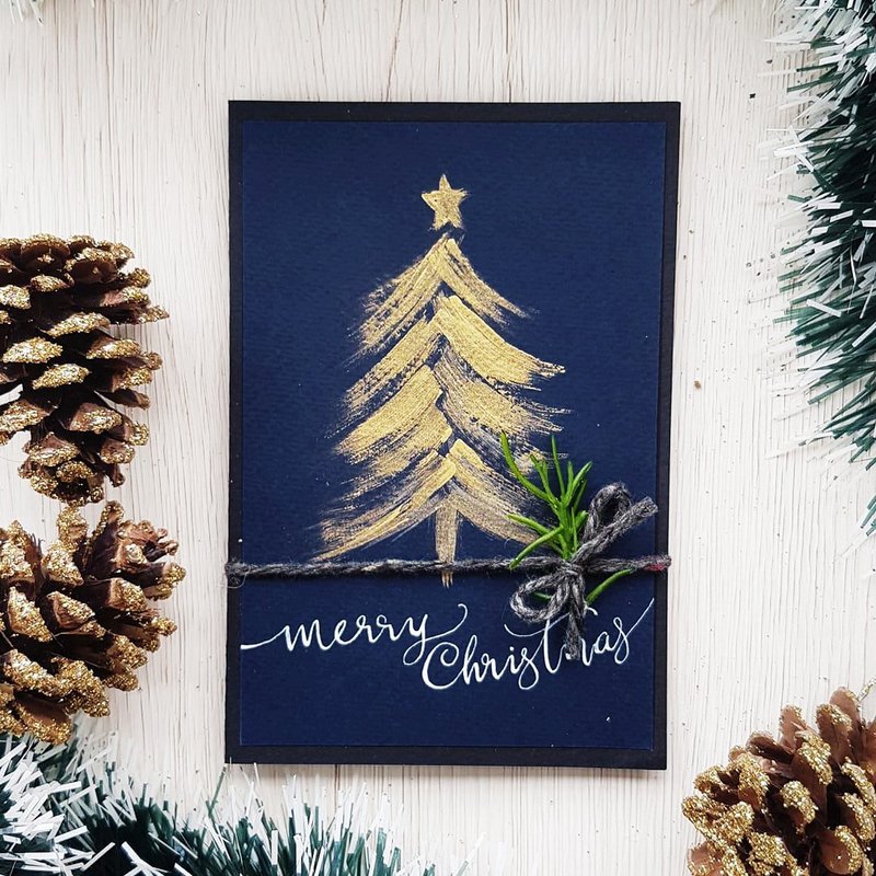 手作/ 手绘圣诞卡(金色圣诞树) - 卡片/明信片 - 纸 蓝色