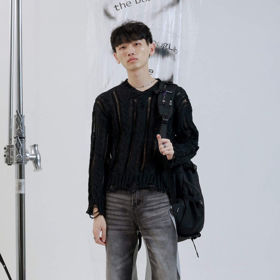 破坏感麻花毛衣 - 男装针织衫/毛衣 - 聚酯纤维 黑色