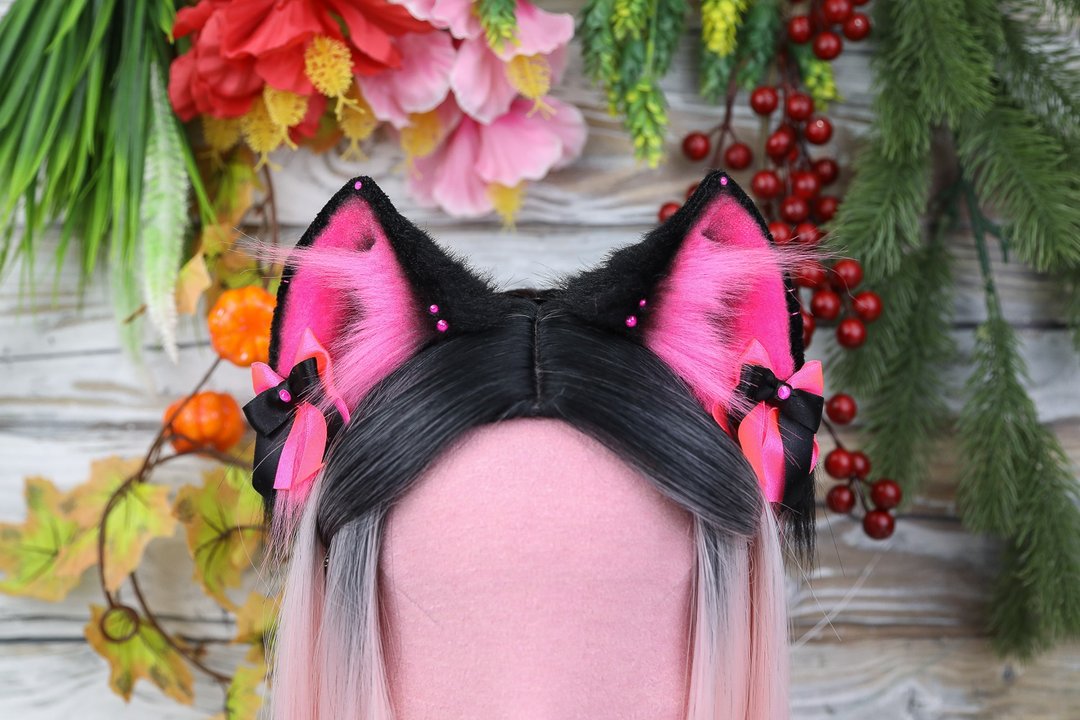 Hot Pink Cat Ears Faux Fur Cat Ears Headband - 发饰 - 其他人造纤维 粉红色