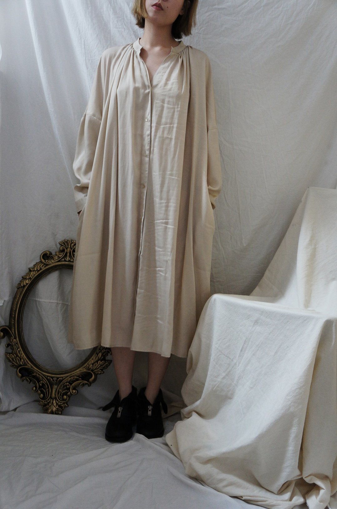 silk linen shirt dress BEIGE 米色丝麻宽松衬衣连衣裙 - 洋装/连衣裙 - 丝．绢 卡其色
