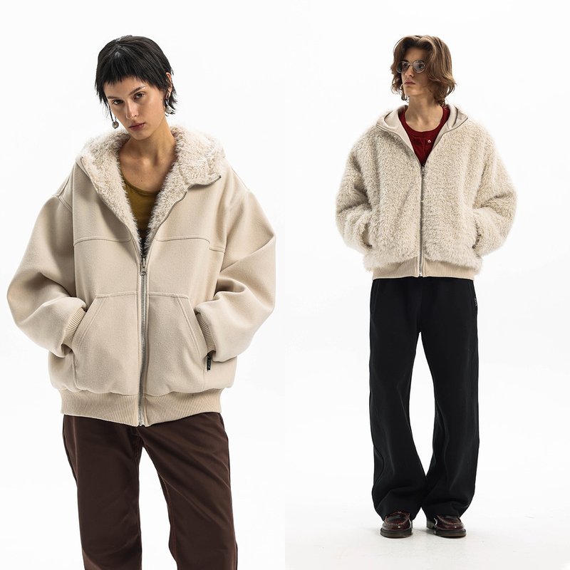 【双面穿】Unvesno(UN) 座山雕皮毛一体毛呢貂毛绒加厚保暖外套 - 男装外套 - 其他材质 